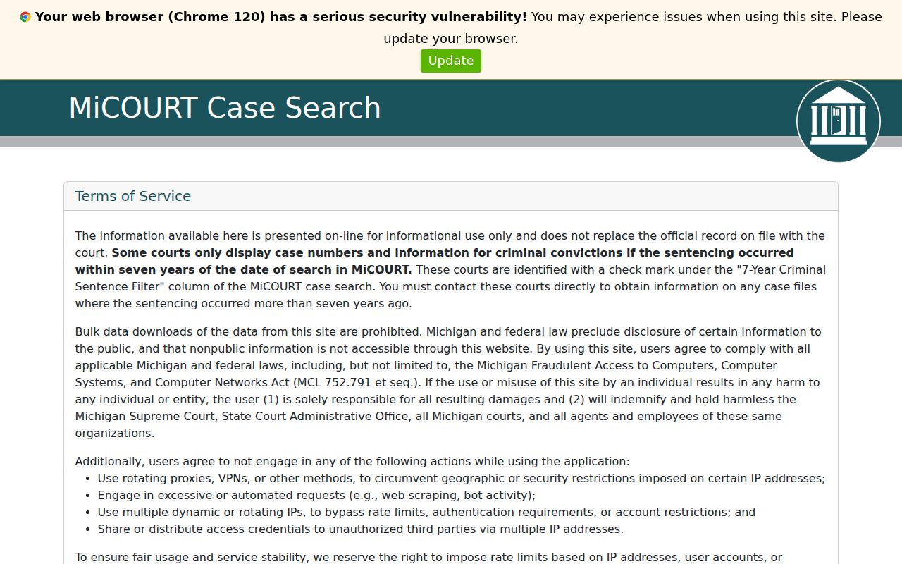 Otsego County case search through the MiCOURT Case Search interface