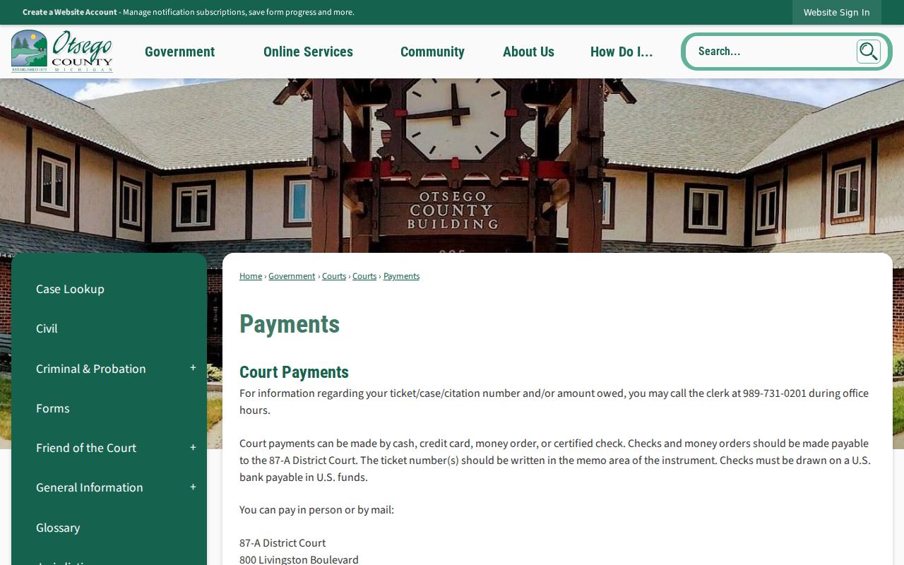 Otsego County civil dockets county payment and court service navigation