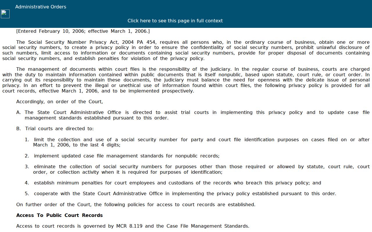 Otsego County civil dockets Michigan court privacy and access rules