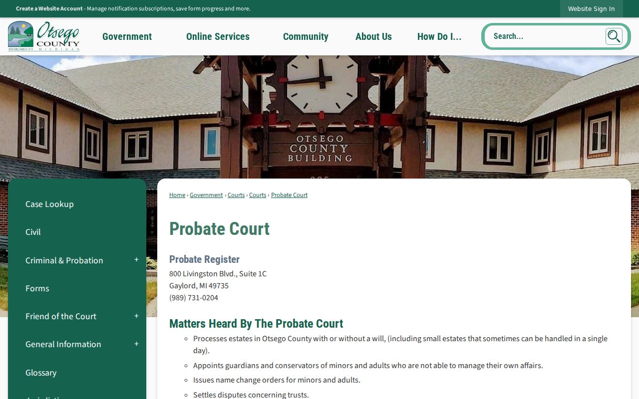 Otsego County civil dockets Probate Court information boundary