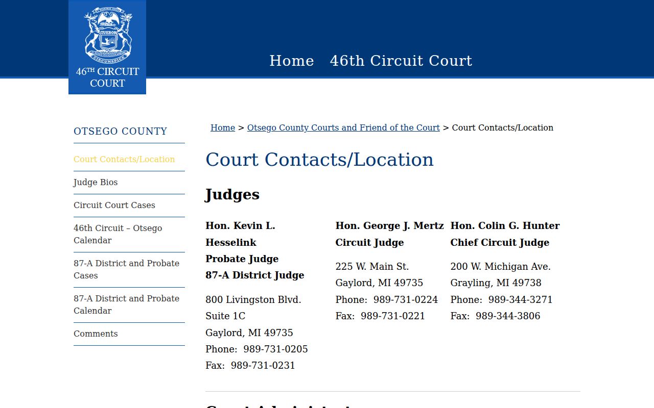 Otsego County court calendar contacts for the 46th Circuit Court