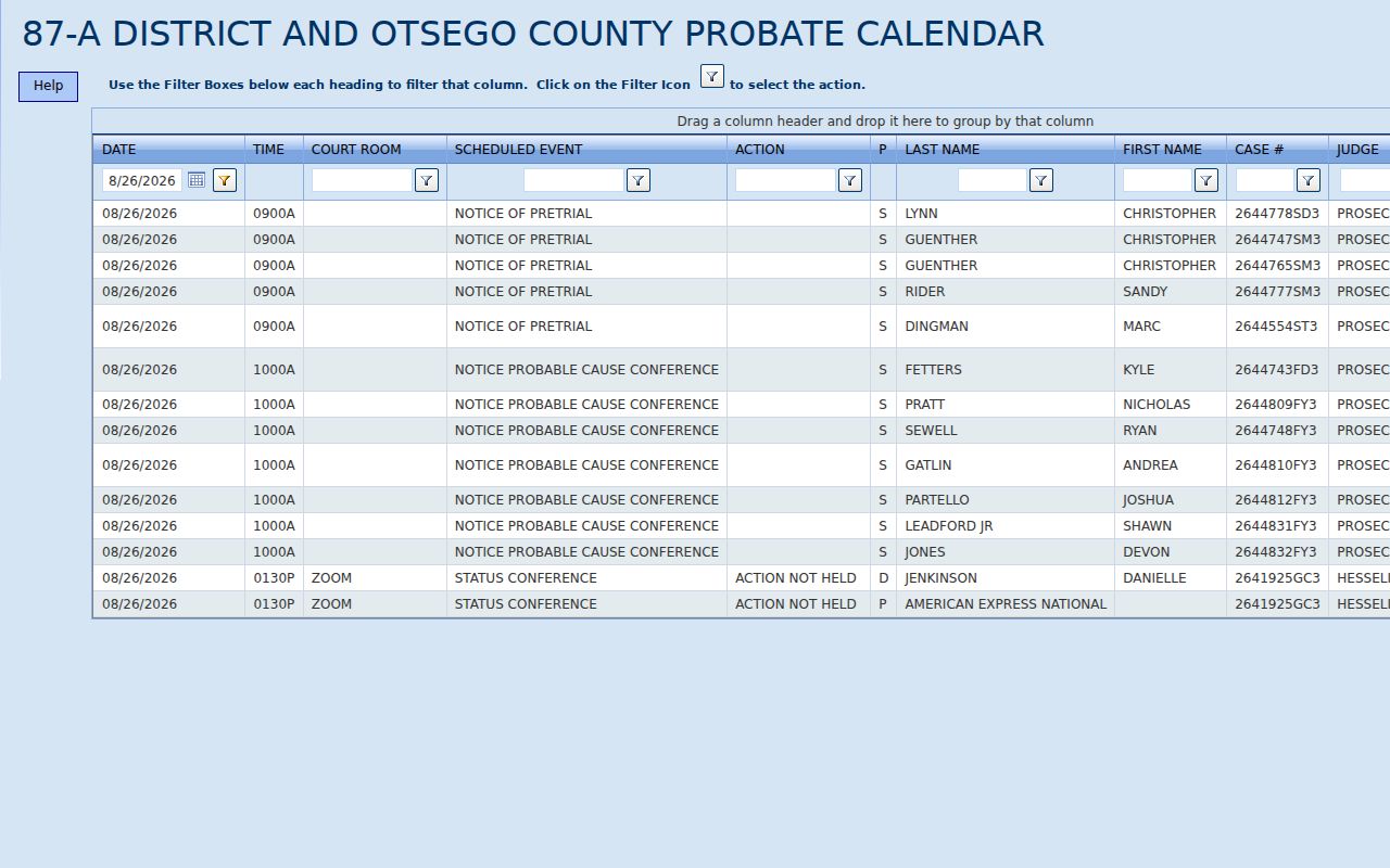 Otsego County court calendar showing 87-A District and Probate calendar fields