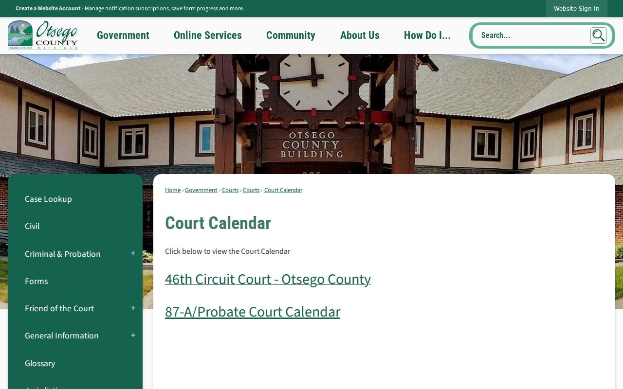 Otsego County court calendar landing page for court-date access