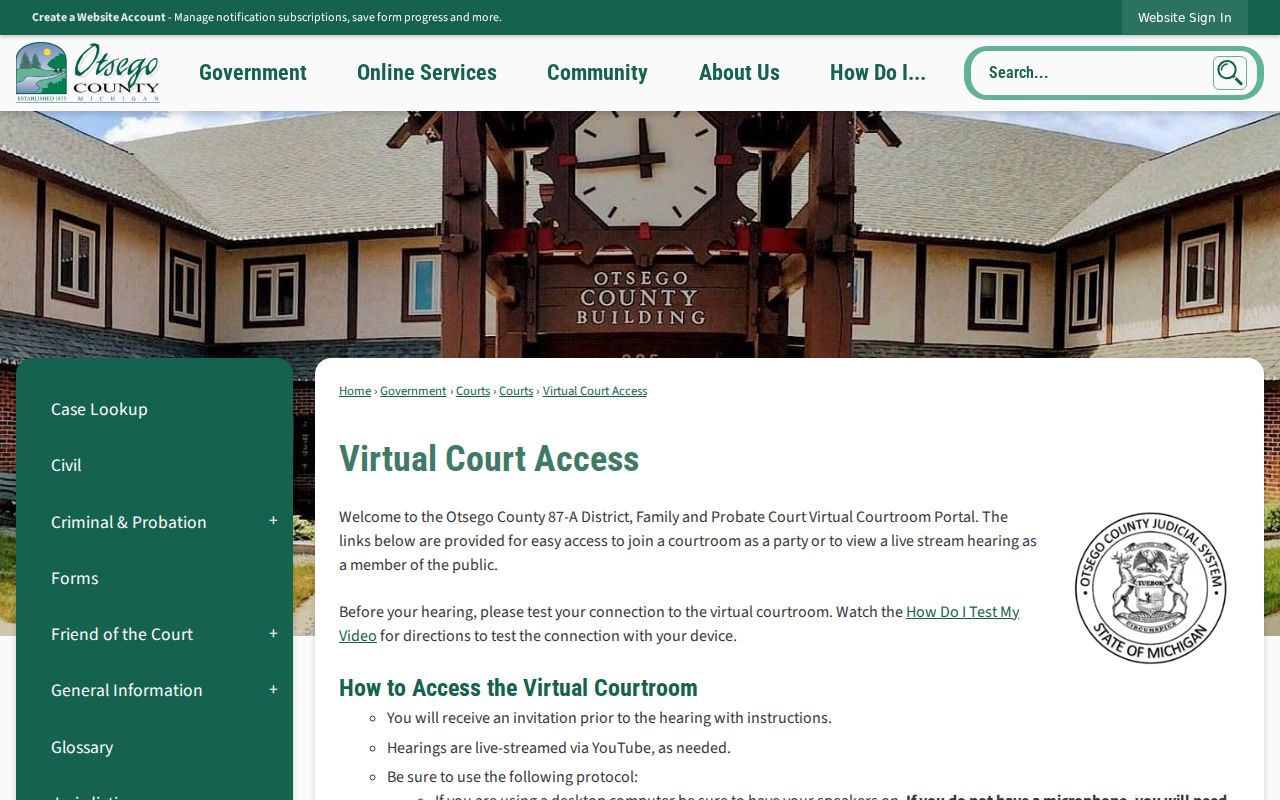 Otsego County court calendar virtual court access guidance