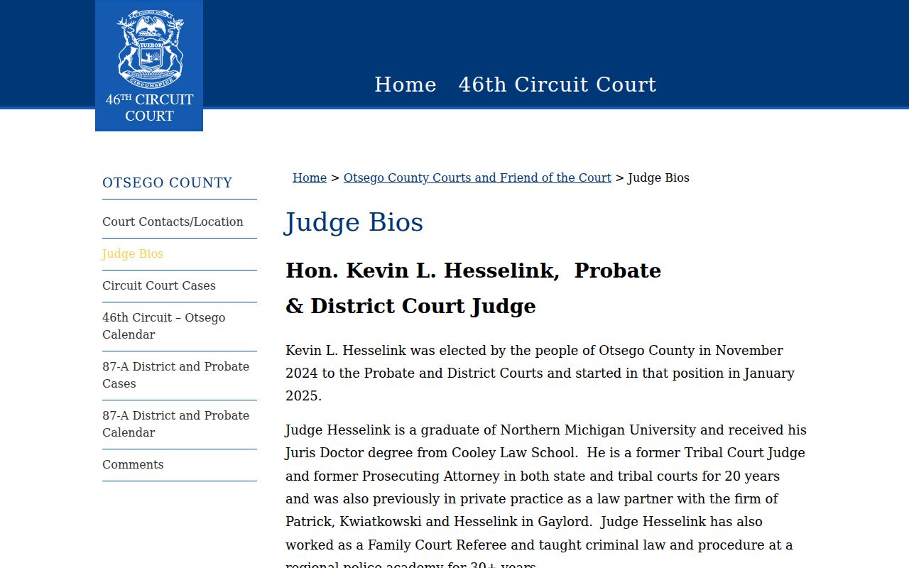 Otsego County criminal docket 46th Circuit Court judge assignments